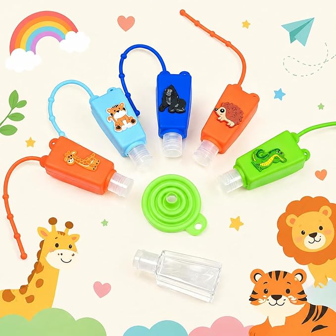 5-Pack Cartoon Kids Hand Sanitizer Holder, 30ml Travel Size Refillable Bottles with Silicone Case, Leak-Proof Portable Containers for Lotion & Liquid Soap (Animal Friends)