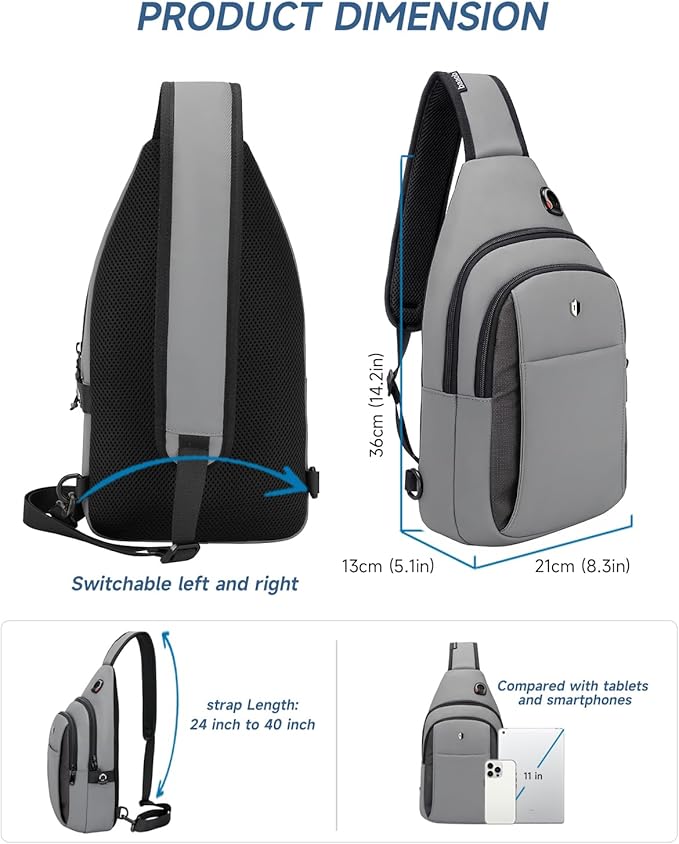 Anti-Theft Sling Bag for Men&Women, Water Resistant Lightweight Crossbody Bag Small Backpack, Built-in Audio Port, Reversible Strap, Travel Hiking Chest Daypack Fits 11 inch iPad & Switch 2
