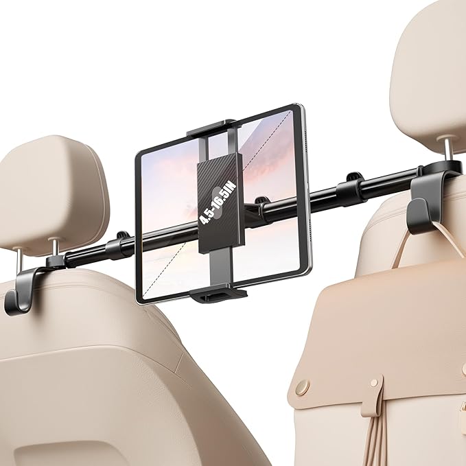 Car Headrest Tablet Holder [Dual-Clamp Stability][360° Adjustable] Back Seat iPad Mount for Kids Road Trip, Compatible with 4.5–16.5" iPad Pro/Air/Mini, Galaxy Tab, Kindle Fire, Switch