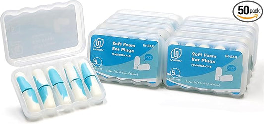 LYSIAN Foam Ear Plugs for Sleeping, 50 Pairs, SNR 38dB Noise Reduction Earplugs, Ultra Soft Slow Rebound Earplugs for Snoring, Travel, Work, Study and Loud Noise, White/Blue