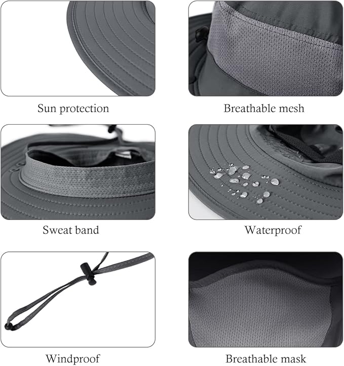 3 Pack Mens Outdoor Wide Brim Fishing Hat,UPF 50+ Sun Protection Cap with Face Neck Flap for Hiking & Garden