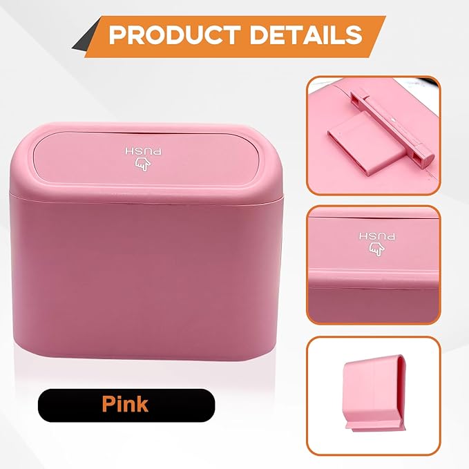 Car Trash Can, Mini Portable Car Bin with Lid & with 1 Roll Trash Bag, Leakproof Hanging Cars Storage Bag Container for Car, Home and Office (Pink)