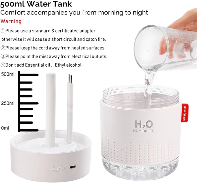 MOVTIP Portable Mini Humidifier, 500ml Small Cool Mist Humidifier, USB Personal Desktop Humidifier for Baby Bedroom Travel Office Home, Auto Shut-Off, 2 Mist Modes, Super Quiet (10PCS Cotton Stick)
