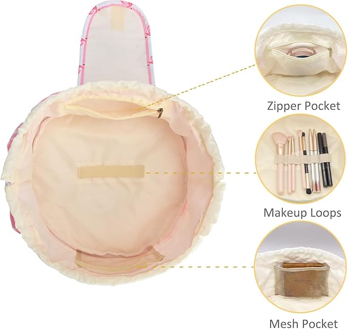 Large Barrel Drawstring Makeup Bag Travel Cosmetic Bag for Women - Portable Make Up Organizer Bag for Skin Care & Toiletries with Brush Holder & Pouch (Pink)