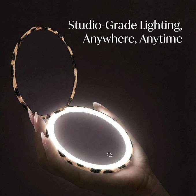 Fancii Mini Taylor Compact Magnifying Mirror with LED Light, 10x/1x, Rechargeable, 3 Light Settings, Dimmable-Small Lighted Travel Handheld Mirror for Pocket, Handbag, Purse, 2-Sided (Cheetah Chic)