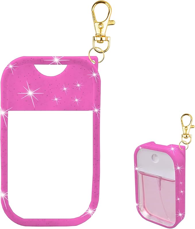 TERPINK Silicone Case Compatible with Touchland Hand Sanitizer Spray, Protective Case with Keychain for 1 fl oz, Hand Sanitizer Spray Accessory (Glitter Sequin Hot Pink)