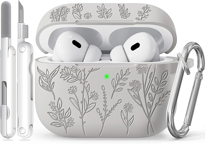 Flower Engraved Case for Apple AirPods Pro 2 Gen with Clean Kit,Soft Silicone Protective Case Cover for AirPod Pro 2nd/1st Generation Keychain,Lanyard,3 Pair Ear Tips,Front LED Visible,White