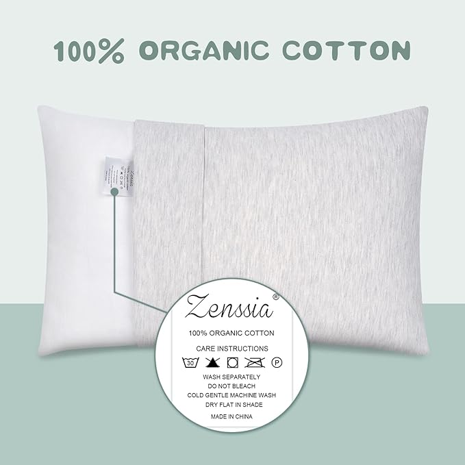 Zenssia Organic Cotton Toddler Pillowcase/Travel Pillowcase Pack of 2 Set 13x18 Inches with Envelope Closure - Soft & Breathable Baby Pillow Case Cover Solid Gray