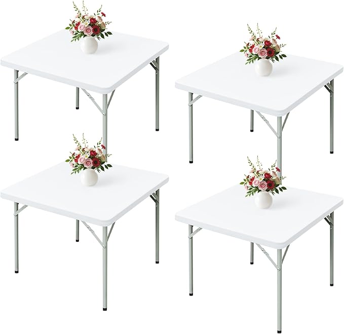 Wolkemer 4 Pack White Fitted Tablecloth 34x34 Inch Square Elastic Edges Table Cloth, Spandex Stretch Table Cover with Machine Washable Fabric for Wedding Party Picnic Dining Indoor Outdoor