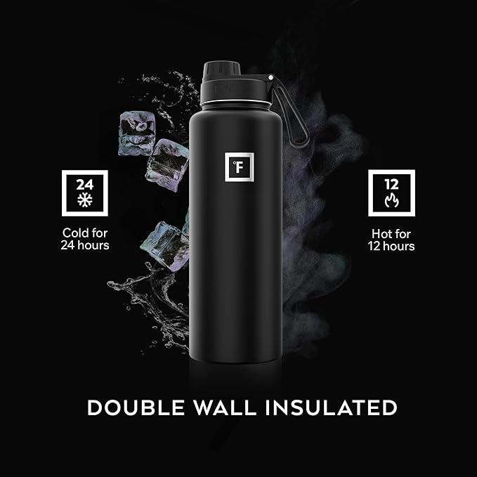IRON °FLASK Camping & Hiking Hydration Flask with Spout, Wide Mouth Insulated Stainless Steel Sports Water Bottle - Black Marquina 40 oz - Spout (1 Lid)