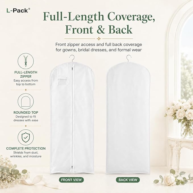 LPack Garment Bag for Long Dresses, Extra Long Breathable Garment Bag with Pockets & Gusset for Wedding Gowns, Bridal, Prom & Formal Dresses, Travel & Storage, White, 72"