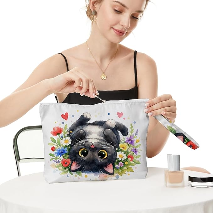 Fokongna Black Cat Print Wet Bag, Small Portable Waterproof Multi-Functional Organizer for Women,Multicolor Floral Heart Black Cat，Ideal for Daily, Beach & Travel