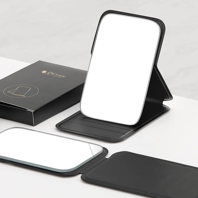 DUcare Mini Folding Mirror Pocket Portable Travel PU Portable Adjustable Rectangular Ultrathin Vanity Mirror with Stand, for Travel, Camping,Home
