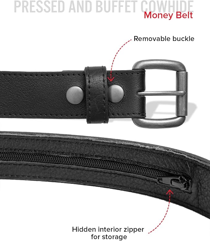 First Mfg Co - Mens Premium Leather Belt With Removable Buckle And Hidden Zipper Money Belt Daily Wear For Pants Perfect Fit