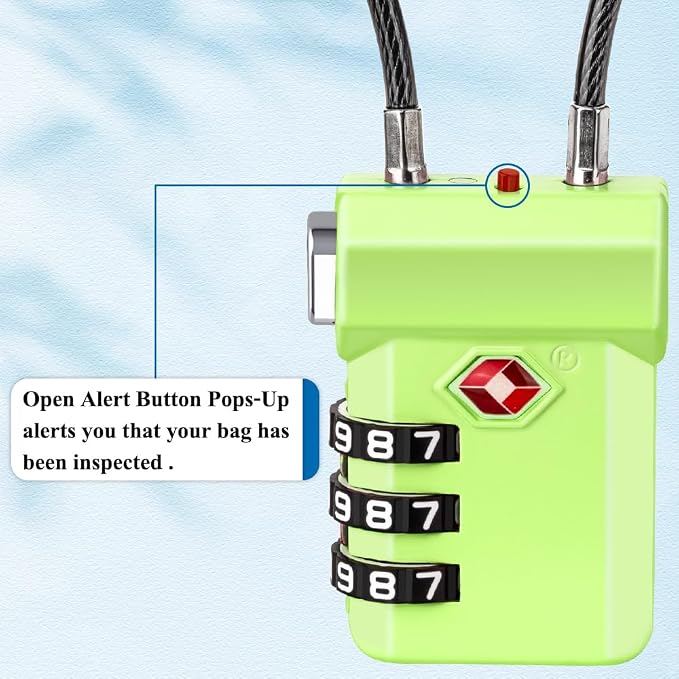 SURE LOCK TSA Approved Luggage Locks with Open Alert Indicator, 3 Digit Combination Cable Travel Lock for Suitcase, Backpack, Gym Locker, Toolbox, Carry On & Travel Bag