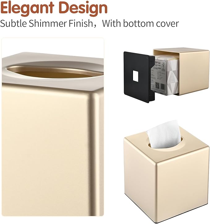 Y-in Hand Tissue Box Cover, Decorative Square Facial Storage Tissue Box Holder, Home Accessories for Bathroom Vanity Countertops, Dressers, Night Stand, Parlors and Office (Champagne Gold)