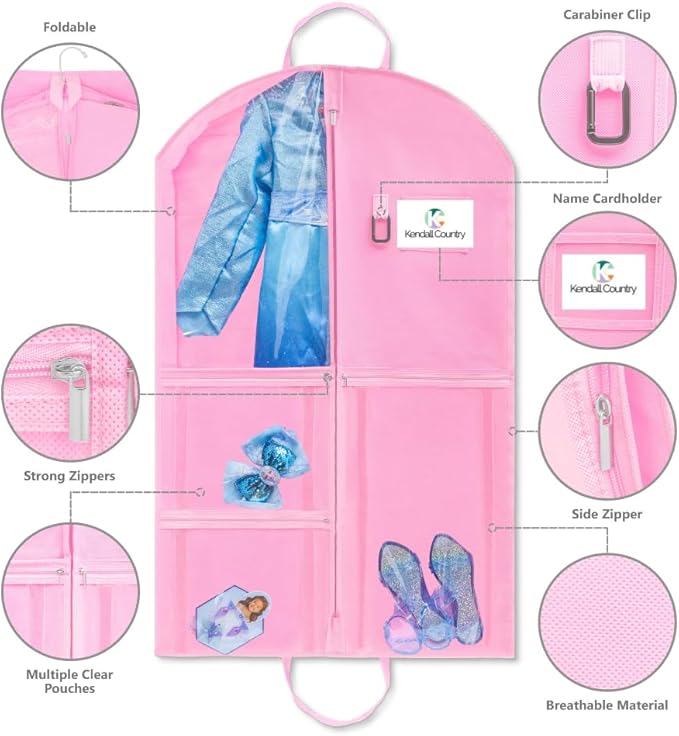 Waterproof Hanging Garment Bag 40 inch Clothes Bag with Gusset, 5 Pockets & Side Zip for Dance Costumes, Sports, Skating, Theatre, Beauty Pageants & More by Kendall Country, Cotton Candy Pink