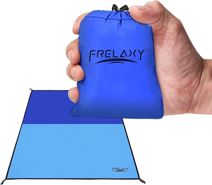 Frelaxy Pocket Picnic Blanket, Waterproof Sandproof Beach Mat, Compact Camping Tarp for Festivals, Hiking, Travel, Outdoor Recreation (Navy & Blue, 28'' x 47'')