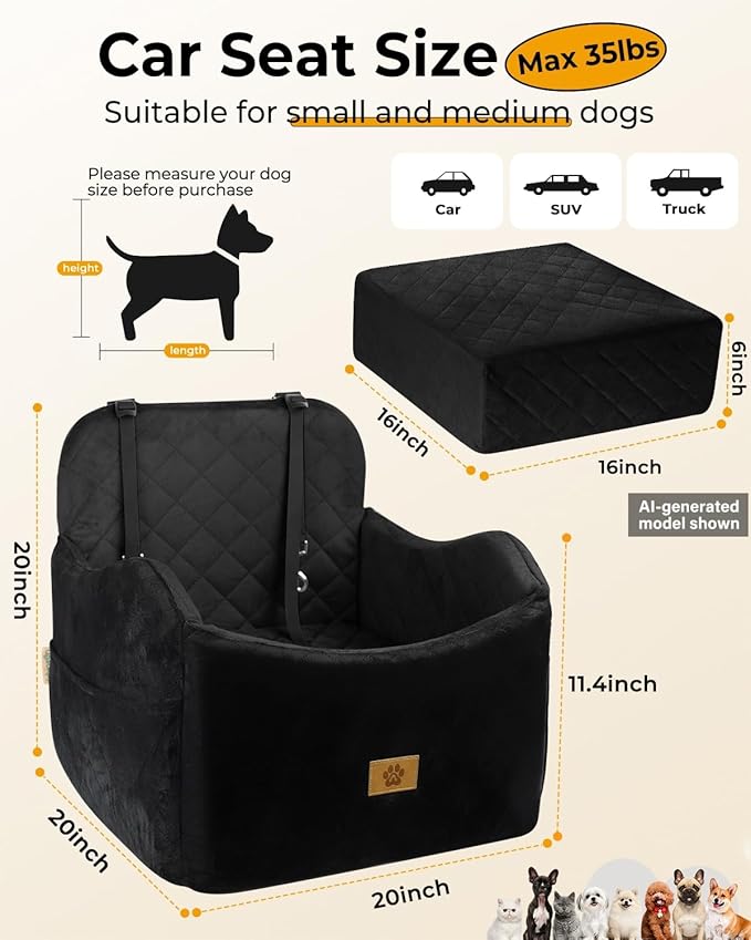 Dog Car Seat for Small/Medium Dogs, Detachable Washable Dog Booster Car Seat Under 35lbs, High-Support Memory Foam,Travel Bed with Storage Pockets