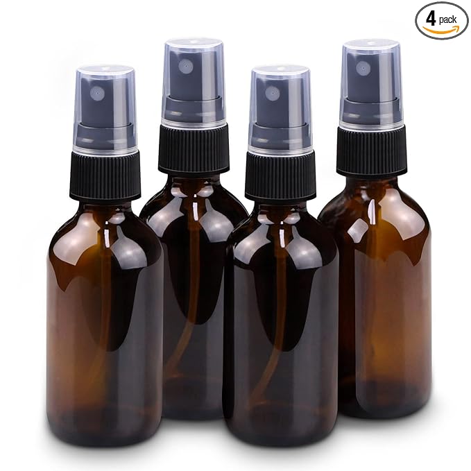 Wedama 2 oz Mini Glass Spray Bottles, Empty Small Spray Bottles with Funnel Dropper, Fine Mist for Hair, Travel, Plants, Cleaning Solutions and Skin Care (4 Pack Amber)