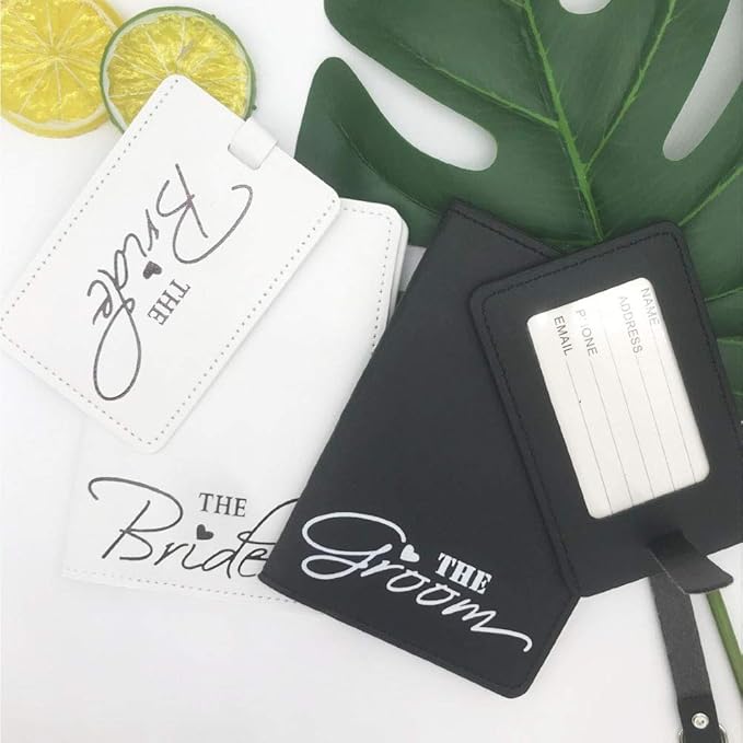 2 Pcs Bride and groom luggage tags + 2 Pcs passport cover, couple passport holder for honeymoon Wedding Bridal Shower Gift