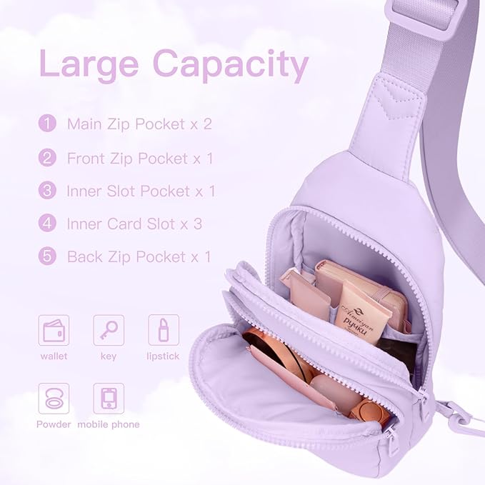 Viverte Quilted Puffer Crossbody Bags for Girls Gifts for Teen Girls Sling Bag Lightweight Cross Body Bubble Purse Shoulder Bag for Travel (Lavender)