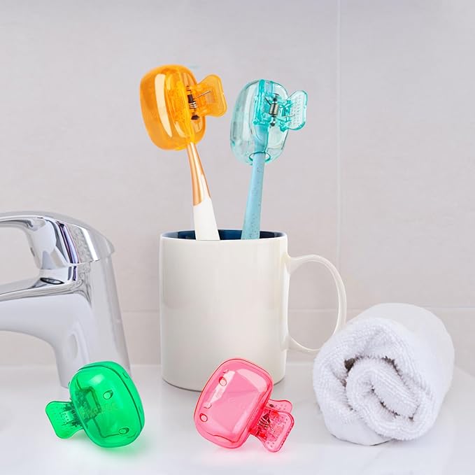 4 Pack Travel Toothbrush Head Covers Toothbrush Protector Cap Brush Pod Case Protective Portable Plastic Clip for Household Travel, Bathroom, School, Camping, Business (Green, Teal, Orange, Pink)