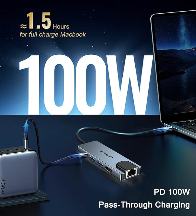 USB C Hub 5 in 1 Multiport Adapter, USB C Hub with 4K HDMI, Ethernet RJ45, 100W PD Charging, USB 3.0 Ports, Type C Docking Station for MacBook Pro Air, iPad, Laptop