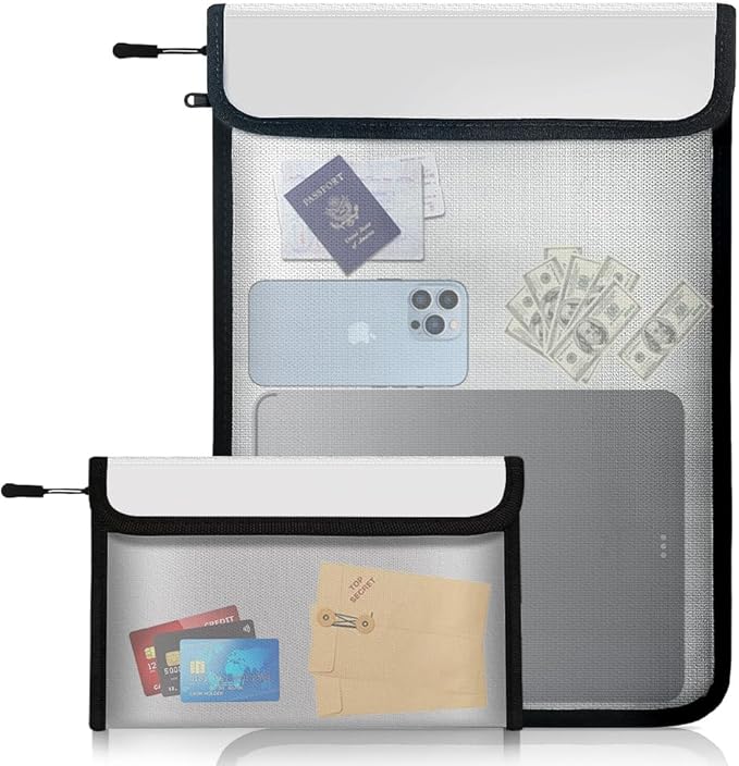 Fireproof Waterproof Document Bag - 2000℉ Protection, Upgraded Two Pockets, Reflective Strips | 2 Sizes (5x8in & 11x15in) | Certified Fire Safe Bag for Cash, Passports & Legal Files