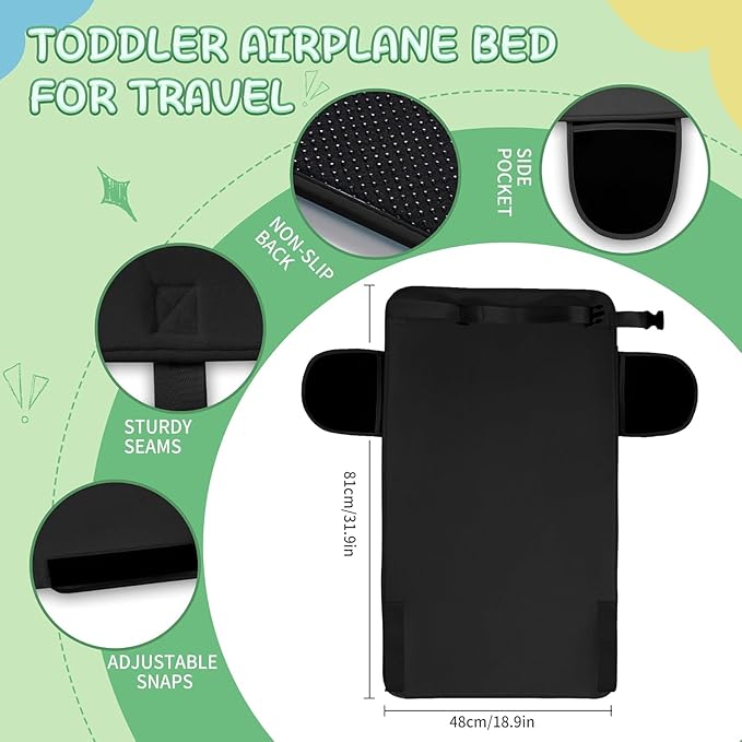 Large Black Toddler Airplane Bed with Cloth Book, Portable Airplane Seat Extender Travel Bed for Kids, Soft Baby Plane Travel Essentials for Flying, Toddlers Long Flight Must Haves Footrest