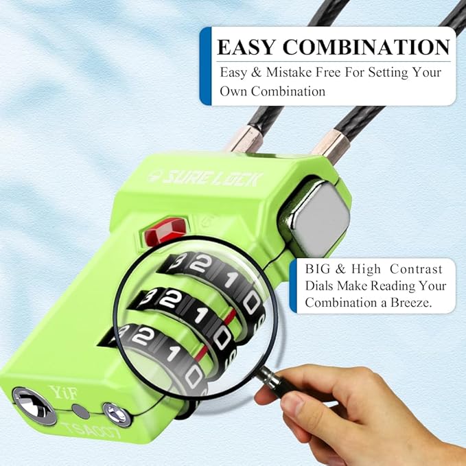 SURE LOCK TSA Approved Luggage Locks with Open Alert Indicator, 3 Digit Combination Cable Travel Lock for Suitcase, Backpack, Gym Locker, Toolbox, Carry On & Travel Bag