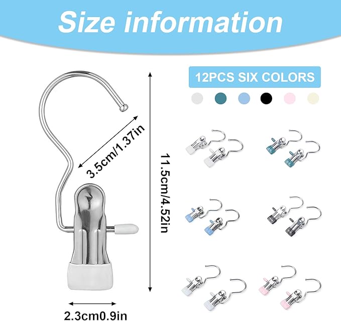 12PCS Hanger Clips for Closet, Heavy Duty Clothes Pins with Hooks, 360° Rotating Laundry Clips for Pants Socks Towels Boots Organizer (12, Black Blue Green Pink)