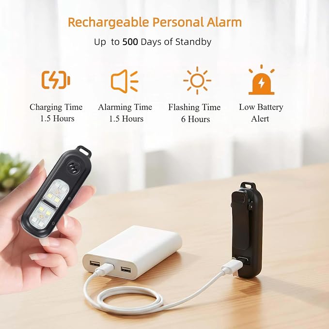 TECKNET Personal Safety Alarm 135dB with SOS Strobe Light for Women - Rechargeable& IPX4 Waterproof Running Lights with Clip On Torch & Low Battery Notice, Safety Siren for Travel Kids, Black