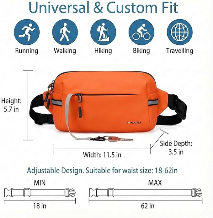 Fanny Pack for Men Women 2L Lightweight Waist Belt Hip Bag Slim Crossbody Adjustable Water Resistant Bum Belt Pouch for Travel Running Shopping Hiking Cycling Climbing EDC ORANG