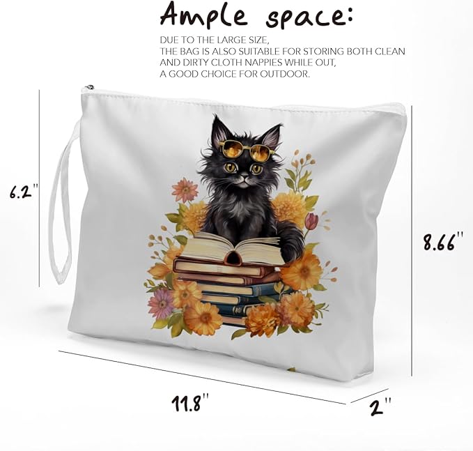 Fokongna Black Cat Print Wet Bag, Small Portable Waterproof Multi-Functional Organizer for Women，Yellow Bookish Black Cat，Ideal for Daily, Beach & Travel
