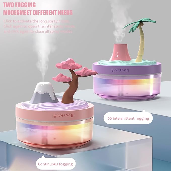 PRATIQUE Mini Portable Desktop Humidifiers for Bedroom,Small Humidifier with Cherry Tree,Quiet,Cool Mist, Auto Off,7 Colors Night Light,320ml Air Humidifier Home Office Travel(PINK) (PINK)