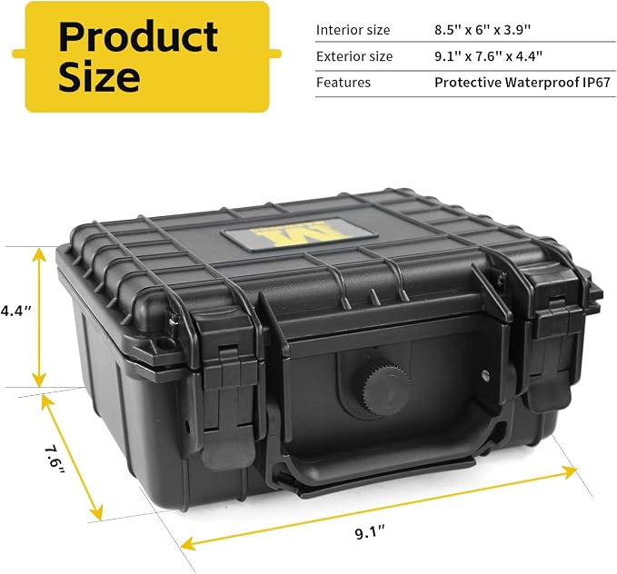 MaxWorks 51015 Waterproof Hard Case IP67 – Protective Foam Interior, Fits 8.5" x 6" x 3.9" Items – Rugged Storage for Camera, Tools, Valuables – 9.1" x 7.6" x 4.4" Exterior, Black