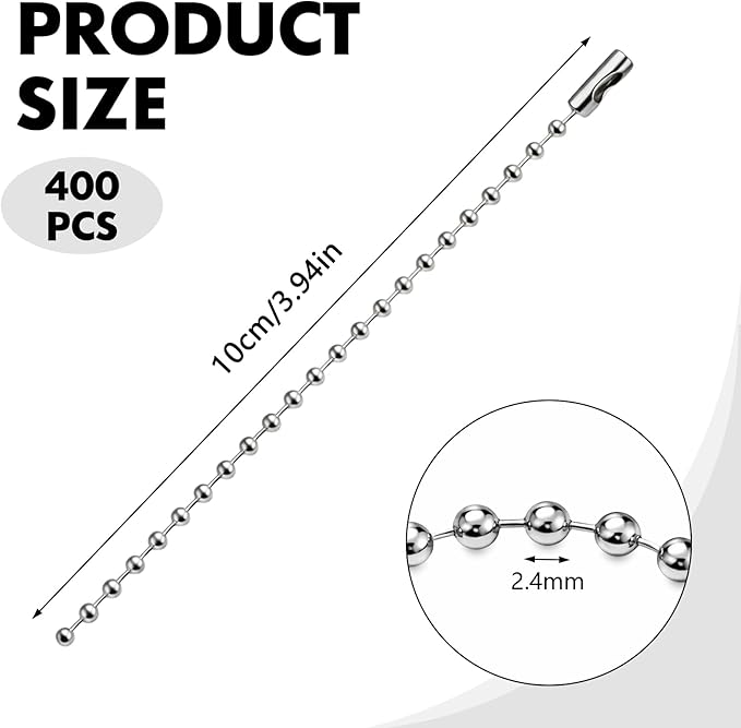400 Pcs Long Bead Ball Chain Keychain 3.9 Inch Silver Ball Connector Clasp 2.4mm Diameter Metal Necklace Chains for Dog Tags Hanging Keychains, Jewelry Making Accessories