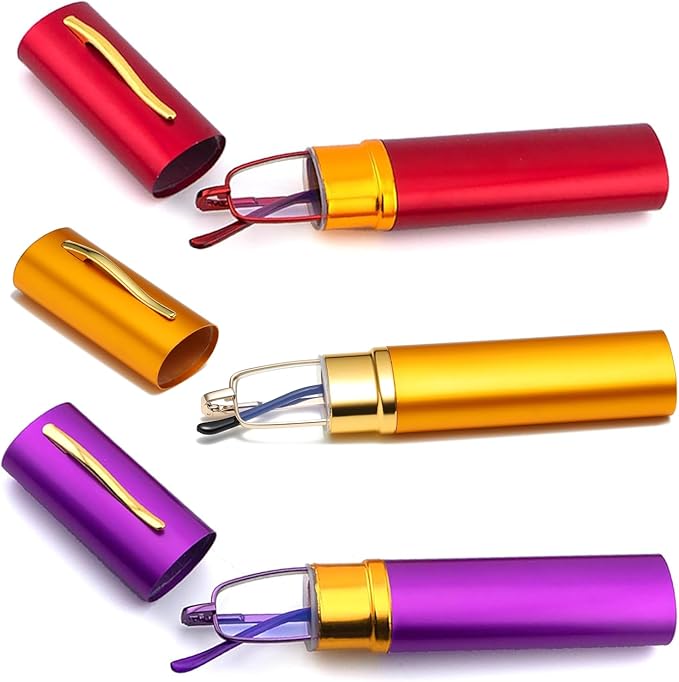 Viseng Slim Mini Metal Reading Glasses Compact Lightweight Portable Readers with Glasses Case for Reading Case +1.0 Purple+gold+red
