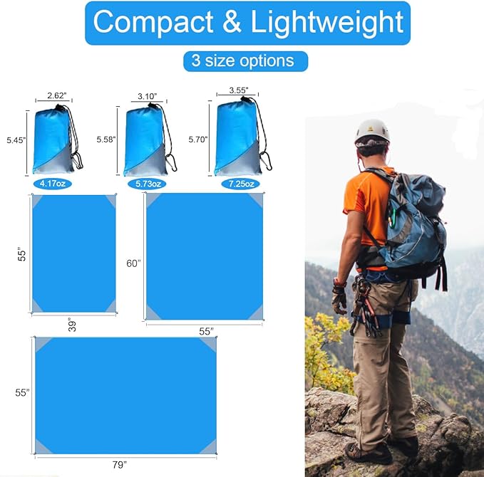Orga'Neat Pocket Picnic Blanket, Beach Mat Waterproof Sandproof, Compact Lightweight Small Tarp for Camping, Hiking, Backpacking, Festival, Travel, Foldable in Bags (Blue/Grey, 55"x60")