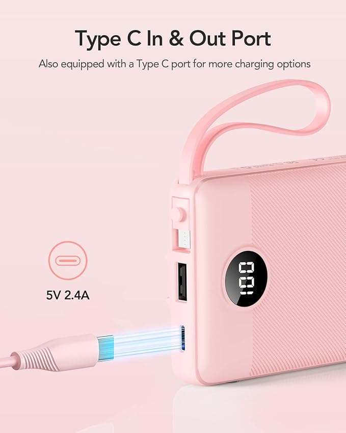 VRURC Portable Charger Power Bank, Built-in 4 Cables & 2 Ports,10000mAh Slim Battery Pack with LED Display, Travel Essential USB C Portable Phone Charger for iPhone 17 16 15, Samsung-Pink(1 Pack)