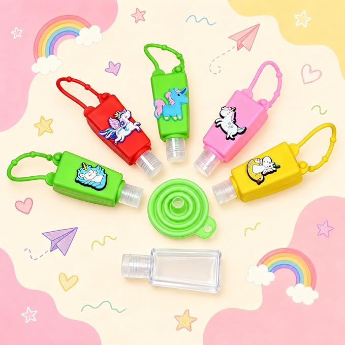 5-Pack Cartoon Kids Hand Sanitizer Holder, 30ml Travel Size Refillable Bottles with Silicone Case, Leak-Proof Portable Containers for Lotion & Liquid Soap (Magic Unicorn)