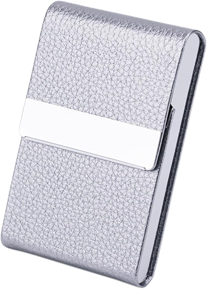 Business Card Holder with Ultra Slim Design,Business Card Case with Premium PU Leather, Suit Pocket Metal Card Holder for Women/Men,Professional Name Card Holder with Magnetic Shut (Silver)