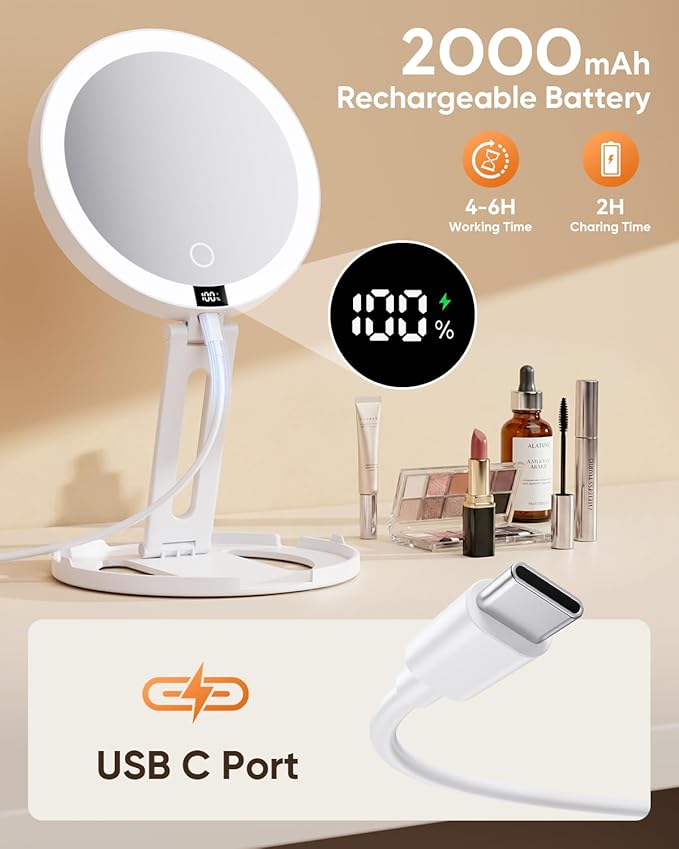 Travel Makeup Mirror with Lights (Gen 3) - 20X/1X Dual Sided Magnifying Mirror with Digital Power Display - Rechargeable, 3 Color Dimmable, CRI 95+ - Portable Folding Mirror for Desk & Travel