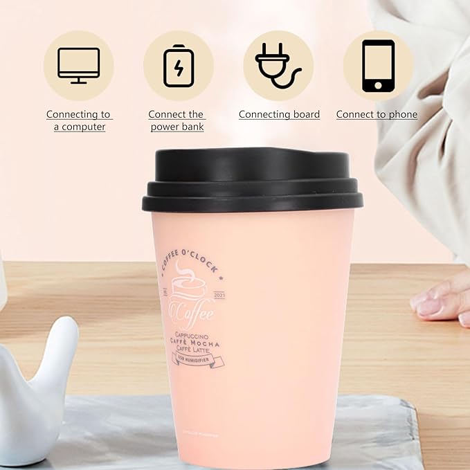 Humidifiers for Bedroom, 300ml Cool Mist Humidifiers, USB Mini Cute Coffee Cup Humidifier Car Desk Low Noise Auto Shut-Off for Car Plant Office(Pink)