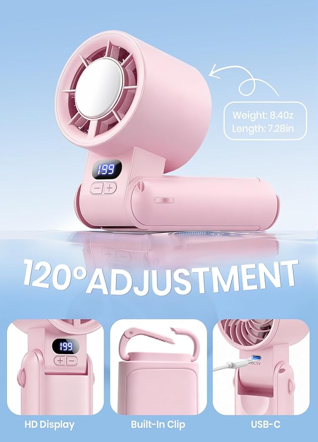 Portable Handheld Turbo Fan, 1-199 Speed Adjustable with LED Display, High-Power Motor, Rechargeable Battery, 4 IN 1 Pocket Design Mini Fans for Indoor/Outdoor/Travel/Work, Pink