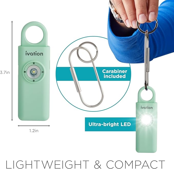 Ivation Personal Rechargeable SOS Alarm, Pocket Size Loud 130dB Sound Safety Siren & LED Panic Strobe Light with Carabiner Keychain Clip for Women, Children & Seniors, Green