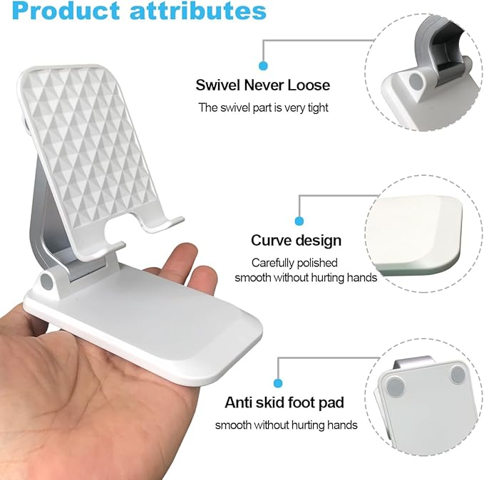 POQOD Foldable Cell Phone Stand for Desk, Fully Adjustable Phone Holder for Desk Compatible with iPhone 16 15 14 13 12 11, Nintendo Switch, All Phones, (New-White)