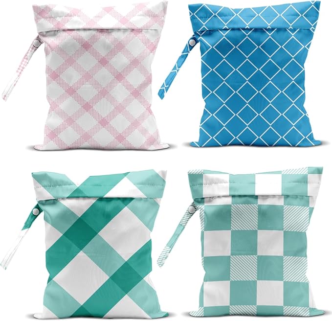 Wet Bag, 4Pcs Wet Dry Bag Set, Reusable Waterproof Bags with Preppy Plaid Prints for Women, Excellent for Beach Outings, Pool Sessions, Travel & Daily Storage