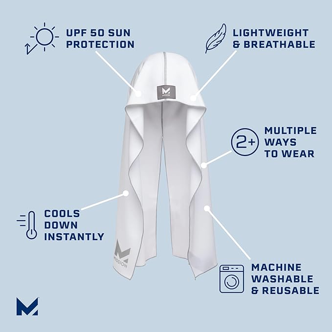 MISSION Cooling Hoodie Towel, Evaporative Cool Technology, Cools Instantly When Wet, UPF 50 Sun Protection, Contours Your Head to Stay in Place, Great for Sports, Fitness, Gym